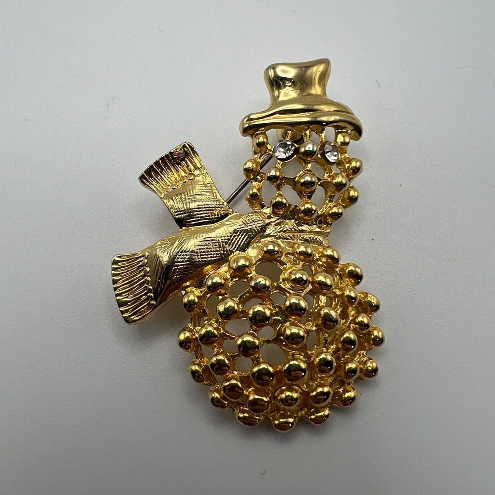 Vintage Snowman Brooch Textured Gold Tone Crystal Eyesโ Holiday Christmas Pin